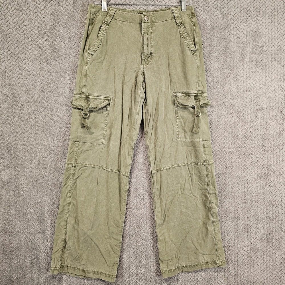 American Eagle Womens Olive Green Wide Leg Cargo Pants D-Ring Utility Mid‎ Rise